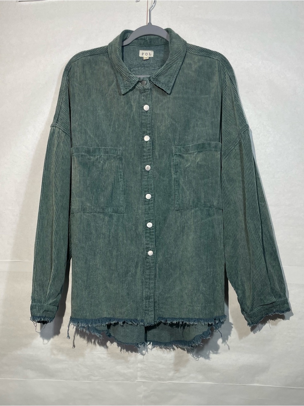 POL Women’s L Oversized Corduroy Distressed Sage Shacket VGUC